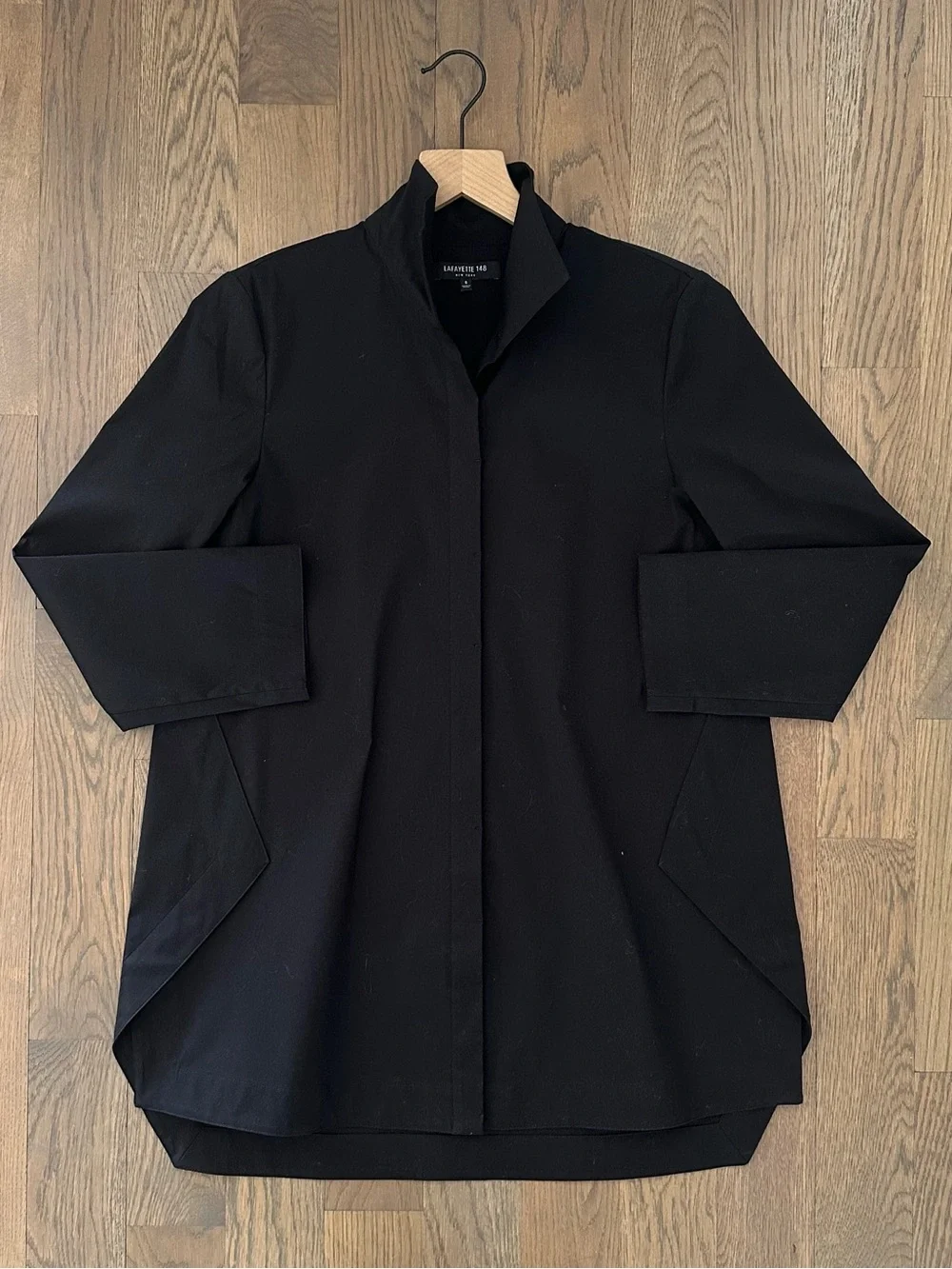 Lafayette 148 New York Cotton Poplin Stand Collar Tunic Foldover Shirt Black S - Picture 1 of 8